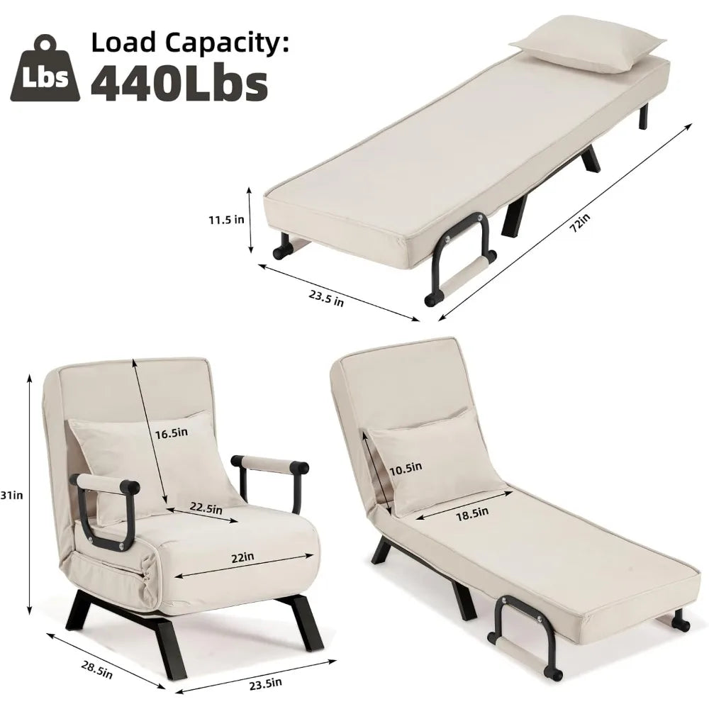 Convertible Bed Sleeper Chair,Tri-fold Upholstered Armchair Sleeper with Pillow,Folding Leisure Chaise Lounge Couch with 6 Angle