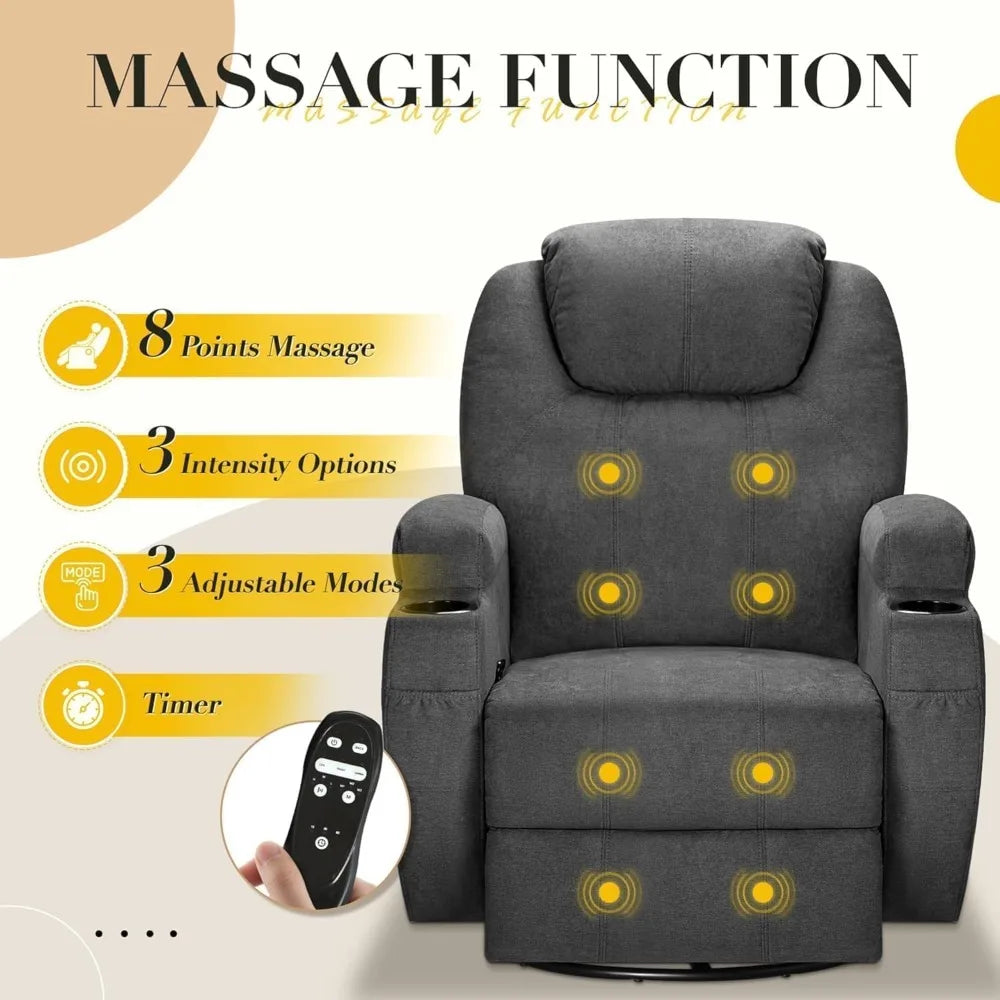 Recliner Chair, 360° Swivel Rocker Chair for Adults, Rocking Recliner Chair with Massage, Comfy Single Sofa with Side Pockets Cu