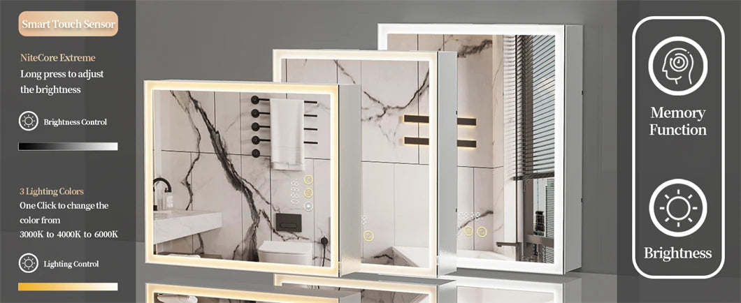 Bathroom Cabinet with Mirror Rectangle LED Lighted Mirror Wall Bathroom Medicine Cabinet w/ Bluetooth Speaker Aluminum Frame