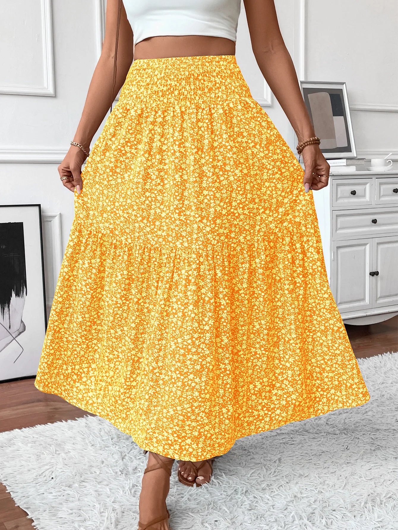 Women New Classic Printed Skirt Retro High Waist Long Skirt Casual Stylish Loose Beach Skirt Elegant Ladies Floral Pleated Skirt