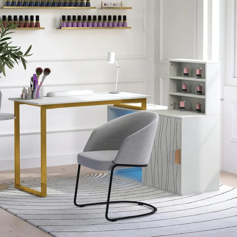 Nail Table, Manicure Table, Nail Station, Open Shelves, Remote Control LED Light, Sliding Door Cabinet, Salon Equipment,AC Outl