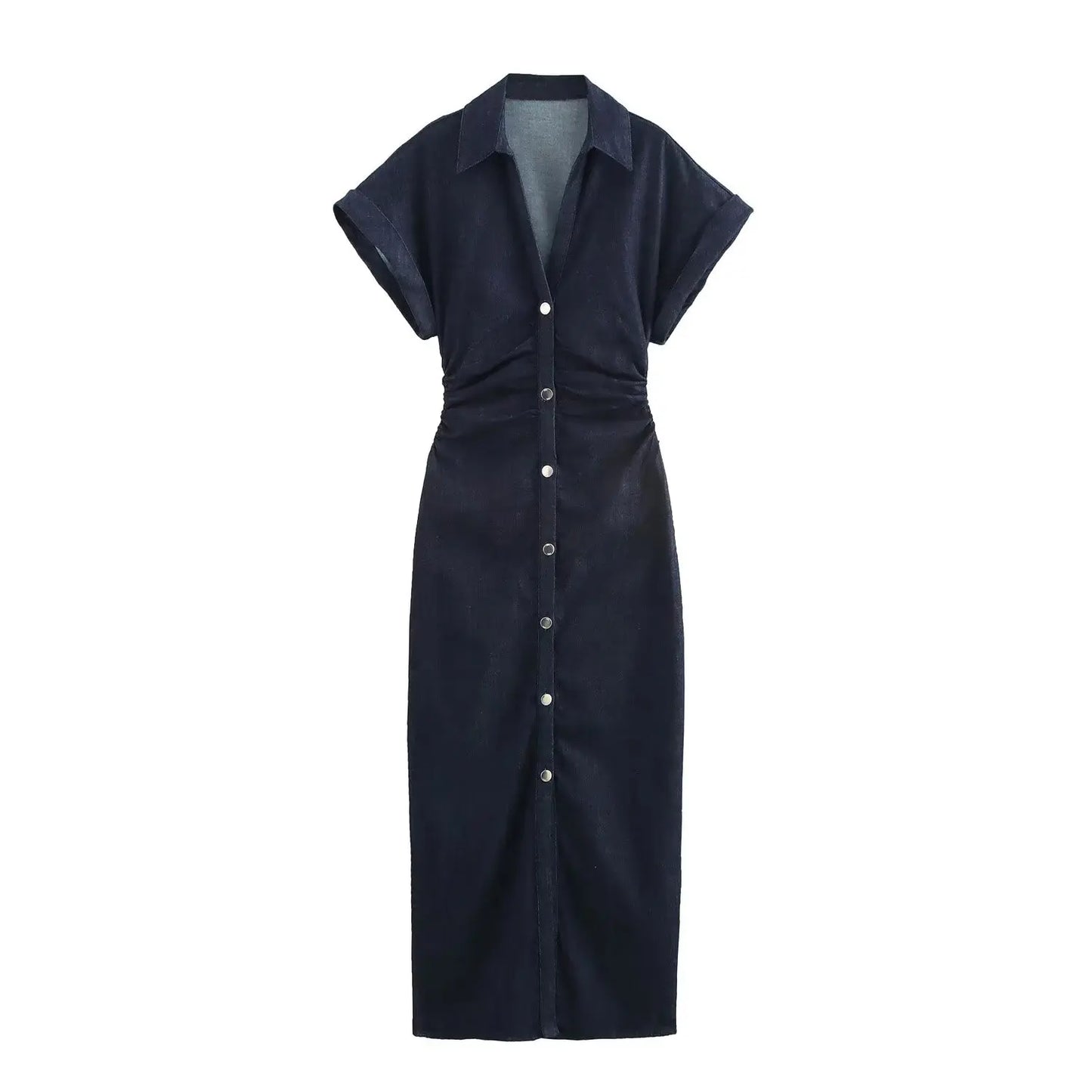 denim MIDI dress with lapel side zipper fashion wrinkle waist slim elegant dress