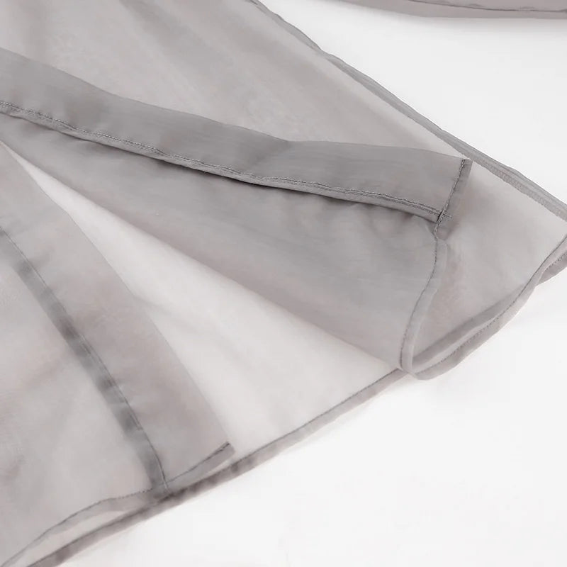 2023 Spring Summer Women Elegant Long Sleeve Solid Grey Mesh Shirt Ladies Sheer Chiffon Blouse For Woman Female