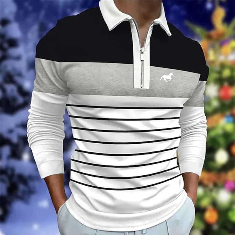 Spring Autumn New Men Clothes Long Sleeve Zipper Stripe Polo Shirt Men Sport