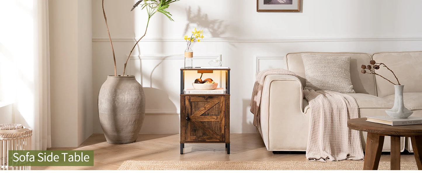 Farmhouse Nightstand with Charging Station, Wood Night Stand End Table with USB Ports, LED Bed Side Table with Storage Cabinet,