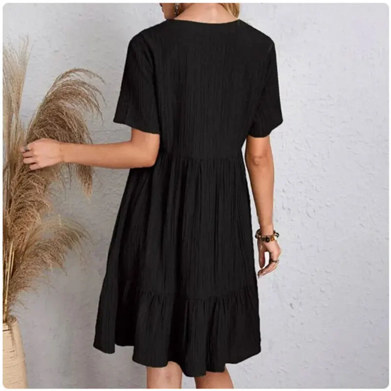 Women  Peplum Dresses Spring V-Neck Short Sleeve Loose Waist Ruffle Fit Flare Vocation Dresses