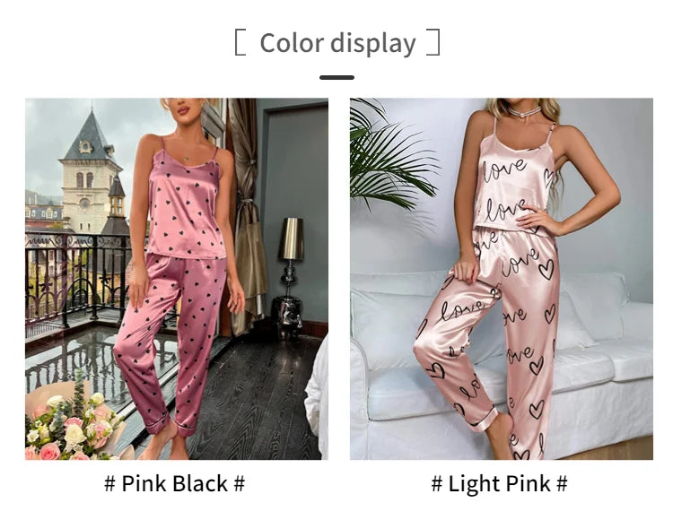 Women Satin Silk Pajamas Sets Letter Print Cami Vest Shirt