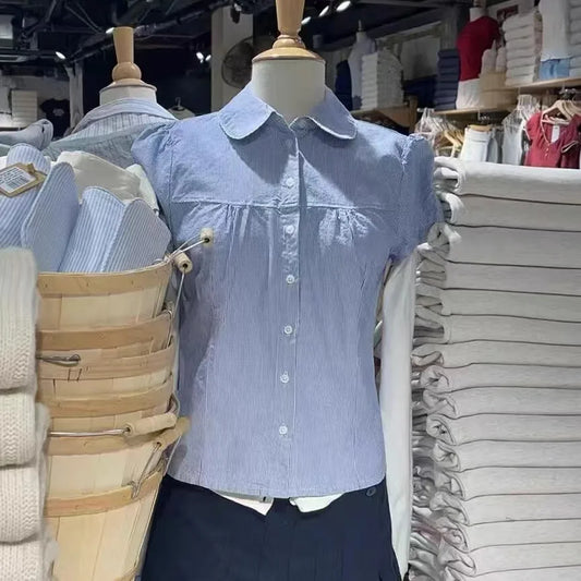 Blue Striped Short Sleeve Blouse Women Summer Peter Pan Collar Single Breasted Top Shirt Preppy Style Sweet Blouses Y2k 2025 New
