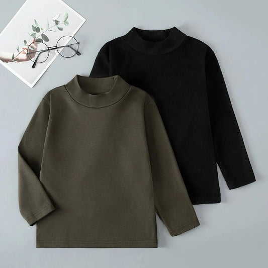 2/3piece Boys' Autumn And Winter Solid Color Casual Warm Half High Neck Base Shirt Girls' Simple And Versatile Thick Fashion Top