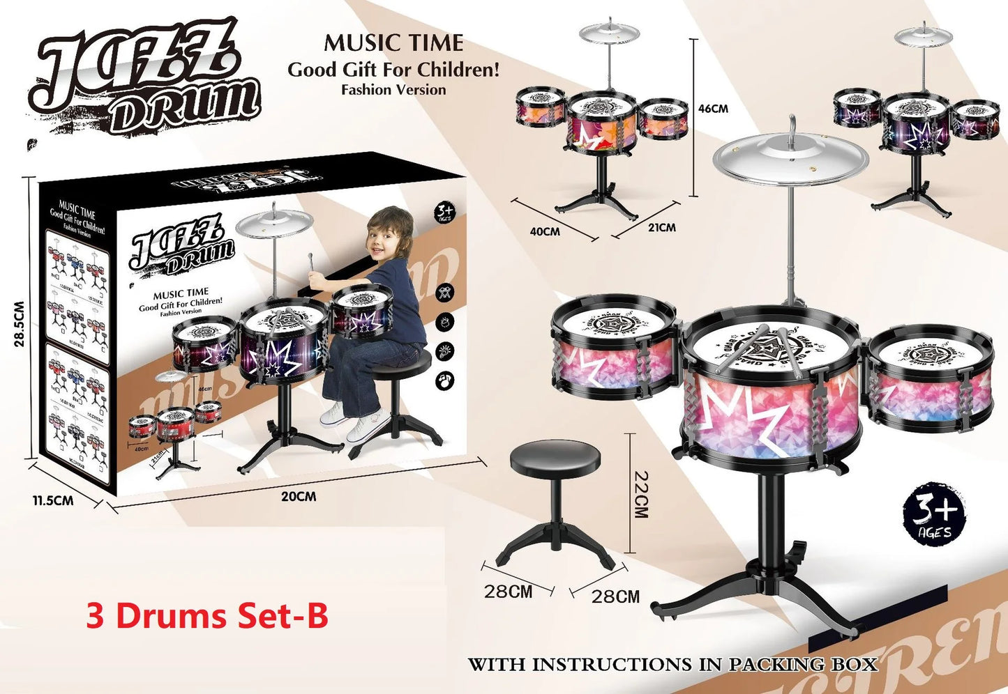 Jazz Drum Set for Kids 3 Drums / 5 Drums with Small Stool Drum Stick Set Music Instrument Educational Toys for Beginners Gifts