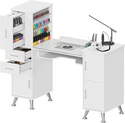 Manicure Table Nail Station w/Glass Top, Dust Collector, 4 Dust Bags, Storage Drawers & Cabinets, Nail Desk Beauty Salon Worksta