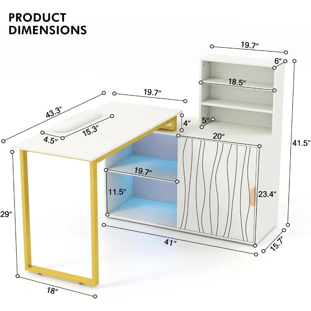 Nail Table, Manicure Table, Nail Station, Open Shelves, Remote Control LED Light, Sliding Door Cabinet, Salon Equipment,AC Outl