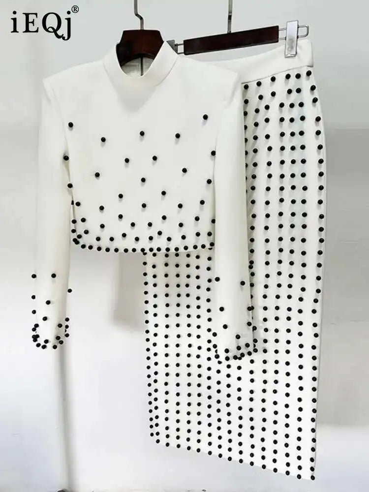 [Women's Beaded Design 2 Pcs Set Stand Collar High Waist Long Sleeve Sets Female Autumn