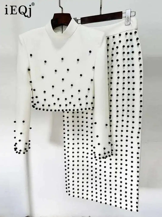 [Women's Beaded Design 2 Pcs Set Stand Collar High Waist Long Sleeve Sets Female Autumn