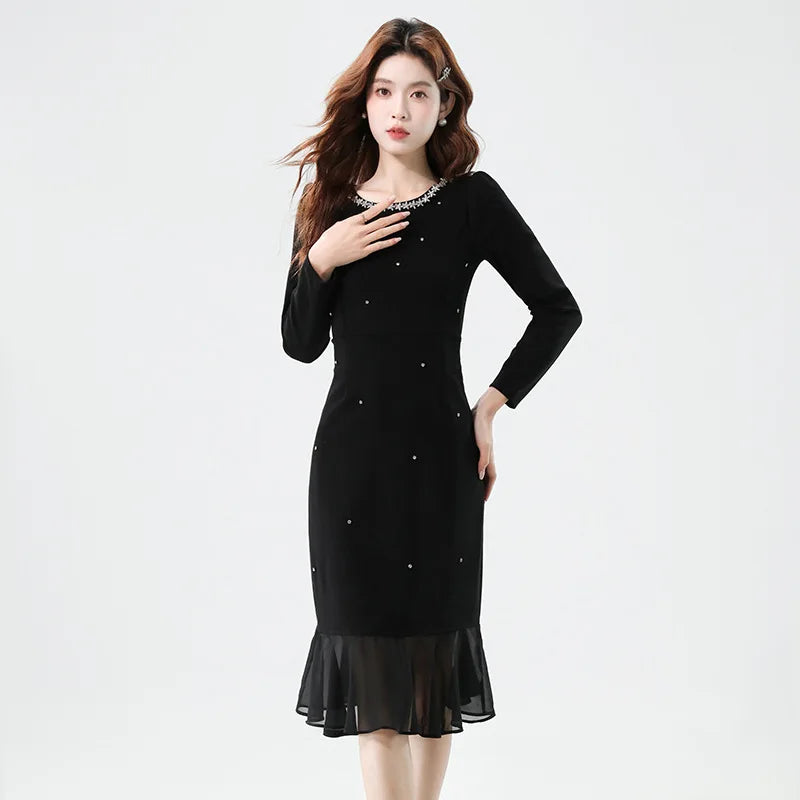 Fall Fashion Heavy Duty Rhinestone Splice Slimming Chiffon Mermaid Dress