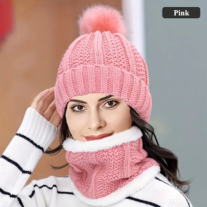 2-piece Winter Warm Windproof Thick Plush Windproof Warm Casual Hat with Scarf