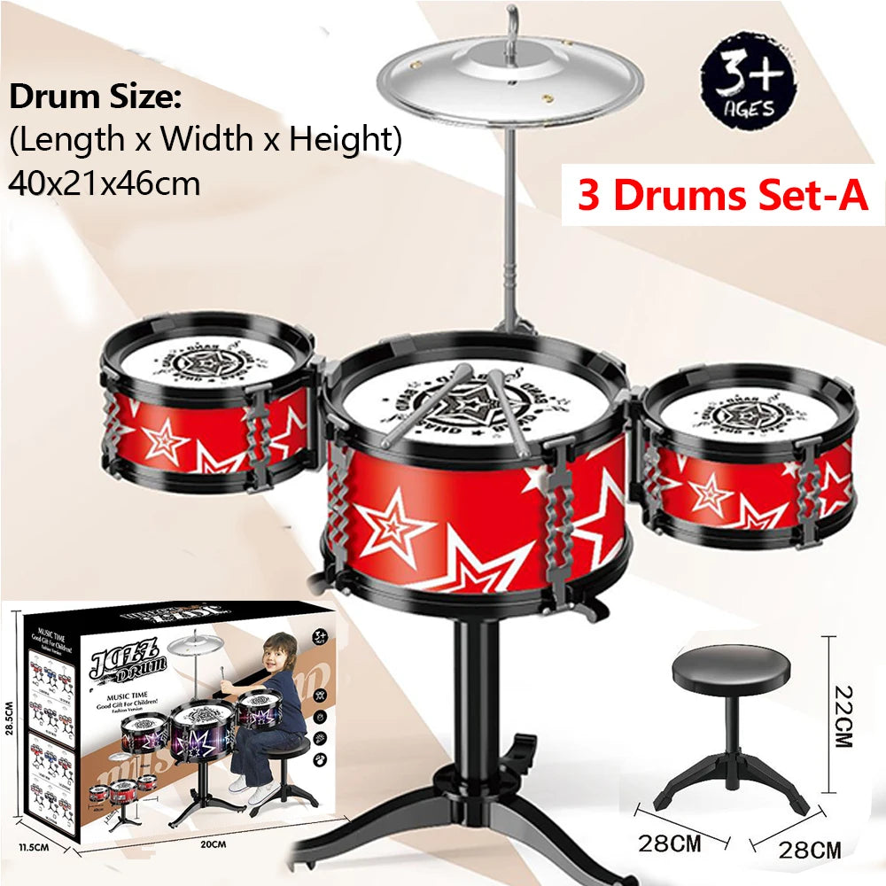 Jazz Drum Set for Kids 3 Drums / 5 Drums with Small Stool Drum Stick Set Music Instrument Educational Toys for Beginners Gifts