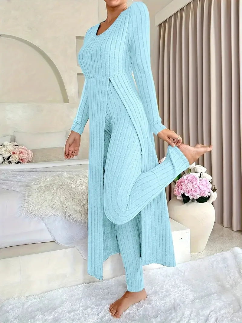 Autumn Casual Solid Set For Women Fashion O Neck Long Tops+High Waist Slim Pants 2 Piece Sets Lady Holiday Women's Clothing New