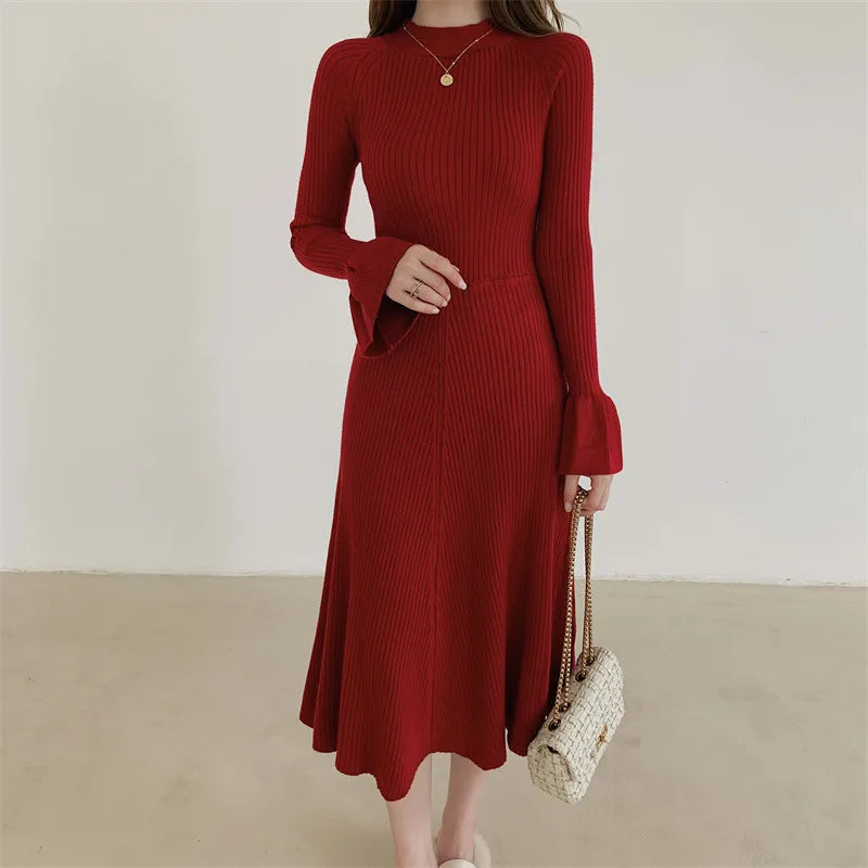 Elegant V-Neck Knitted Dress Slimming Long Skirt High Waist Bell Sleeve Unique Design Autumn Winter Women's Fashion Dress