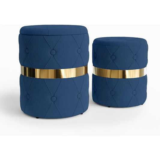 Round Storage Ottoman Set of 2, Fully Assembled Velvet Vanity Stool Chair, for Bedroom, Living Room, Office and Study Room, Blue
