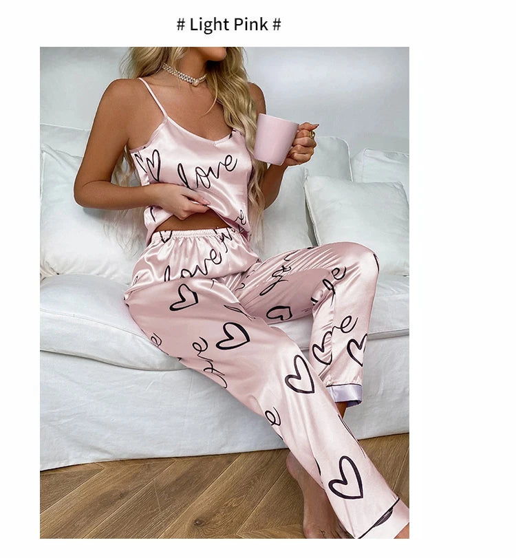Women Satin Silk Pajamas Sets Letter Print Cami Vest Shirt