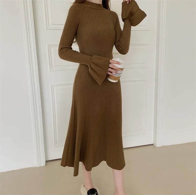 Elegant V-Neck Knitted Dress Slimming Long Skirt High Waist Bell Sleeve Unique Design Autumn Winter Women's Fashion Dress
