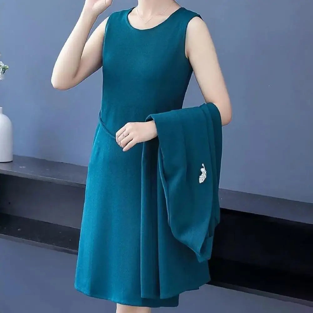 Women Dress Coat Suit Elegant Long Coat Dress Set Middle-age Women Formal Suit Set Long Cardigan O Neck Sleeveless Dress