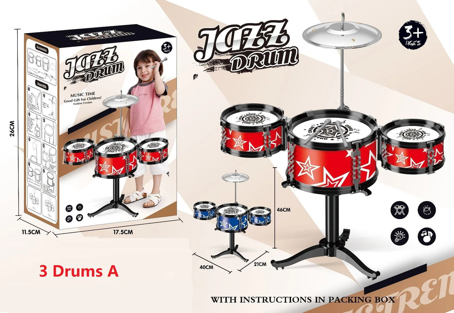 Jazz Drum Set for Kids 3 Drums / 5 Drums with Small Stool Drum Stick Set Music Instrument Educational Toys for Beginners Gifts