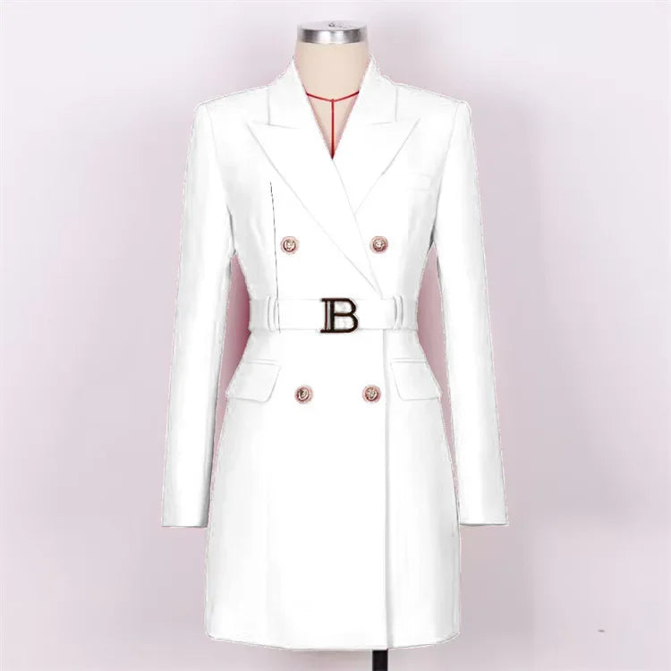 French Elegant Long Sleeve Suit Dress Waist-Cinching Short Size Professional Double-Buttoned Belted Coat
