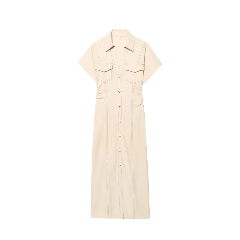 denim MIDI dress with lapel side zipper fashion wrinkle waist slim elegant dress