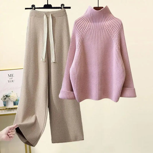 Plus Size Autumn Winter Women's Set New Lazy Style Sweater And Slimming Casual Pants Two Piece Set Trendy Elastic Knitted Fabric