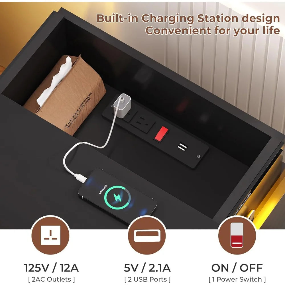 Nightstand with Charging Station and LED Lights, Led Nightstand with Sliding Top, Bedside Table with Drawers, Modern End Table S
