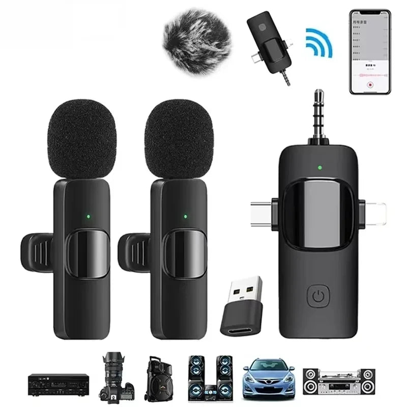 Professional 4in1 Wireless Lavalier Microphone for iPhone Android 3.5mm for Live Recording Noise Cancelling Mini Microphon