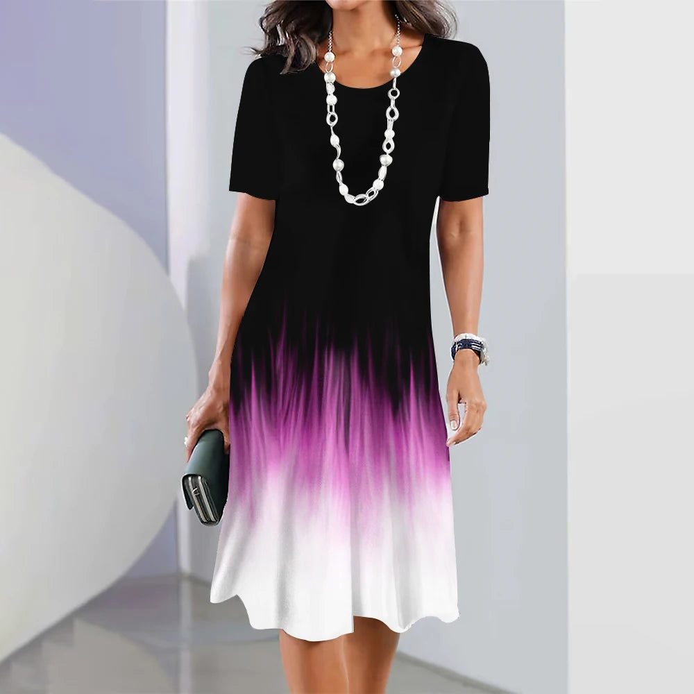 New Women's Dresses Striped Printed Elegant Casual O Neck Short Sleeve  Dresses Fashion Ladies Plus Size Clothing