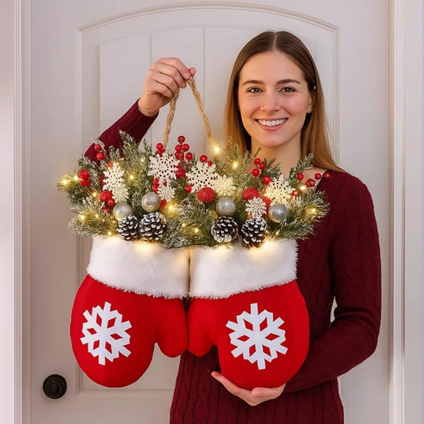 2025 Christmas Garland Creative Glove Shaped Simulated Flower Wreath Window Door Gate Decoration Door Sign Xmas Party Decoration