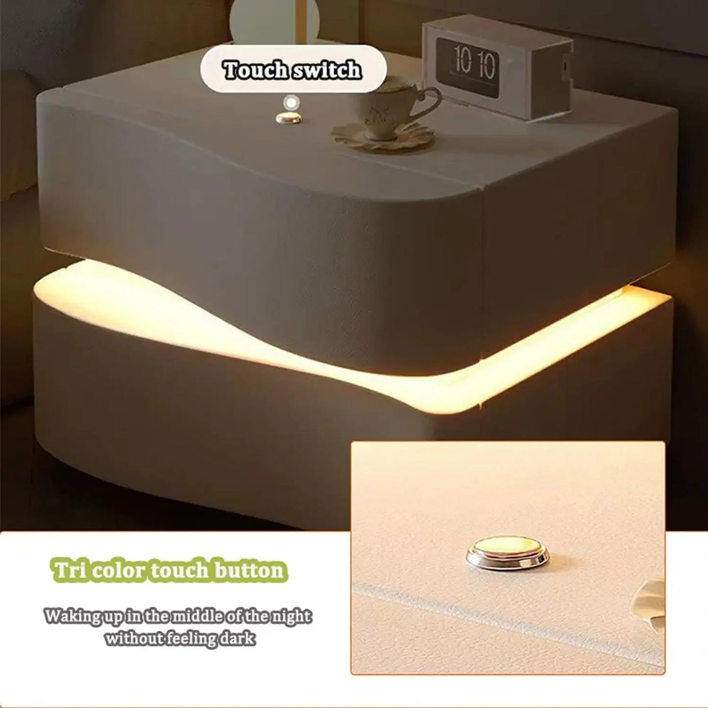 Modern Nightstand with LED Light, Leather Night Stand with Drawer, Solid Wood Bedside Table (2 Drawers, White)