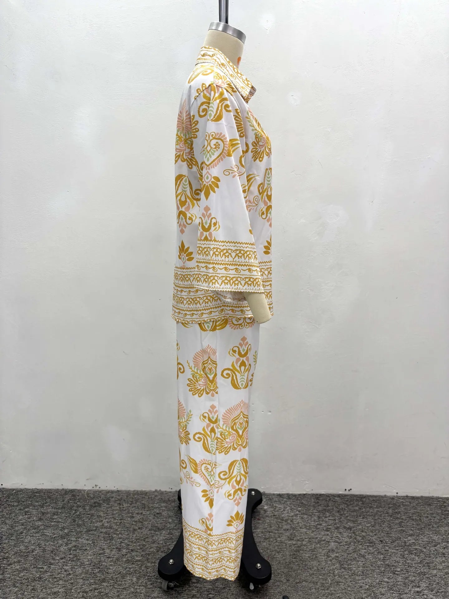 Women Two Pieces Pant Sets Printing Matching Sets Long Sleeves Button Turn Down Collar Top Elastic Waist Pants Loose 2025 Summer