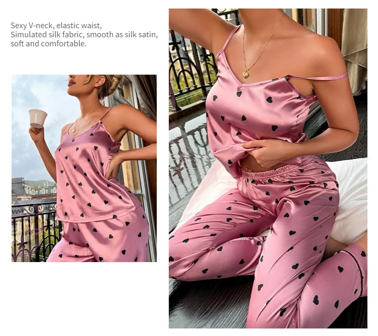 Women Satin Silk Pajamas Sets Letter Print Cami Vest Shirt