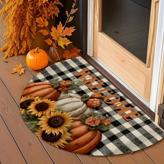 VIKAMA Autumn Thanksgiving Half-Circle Floor Mat - Maple Leaf Pumpkin - Indoor and Outdoor Entrance Door Mat for Home Decoration