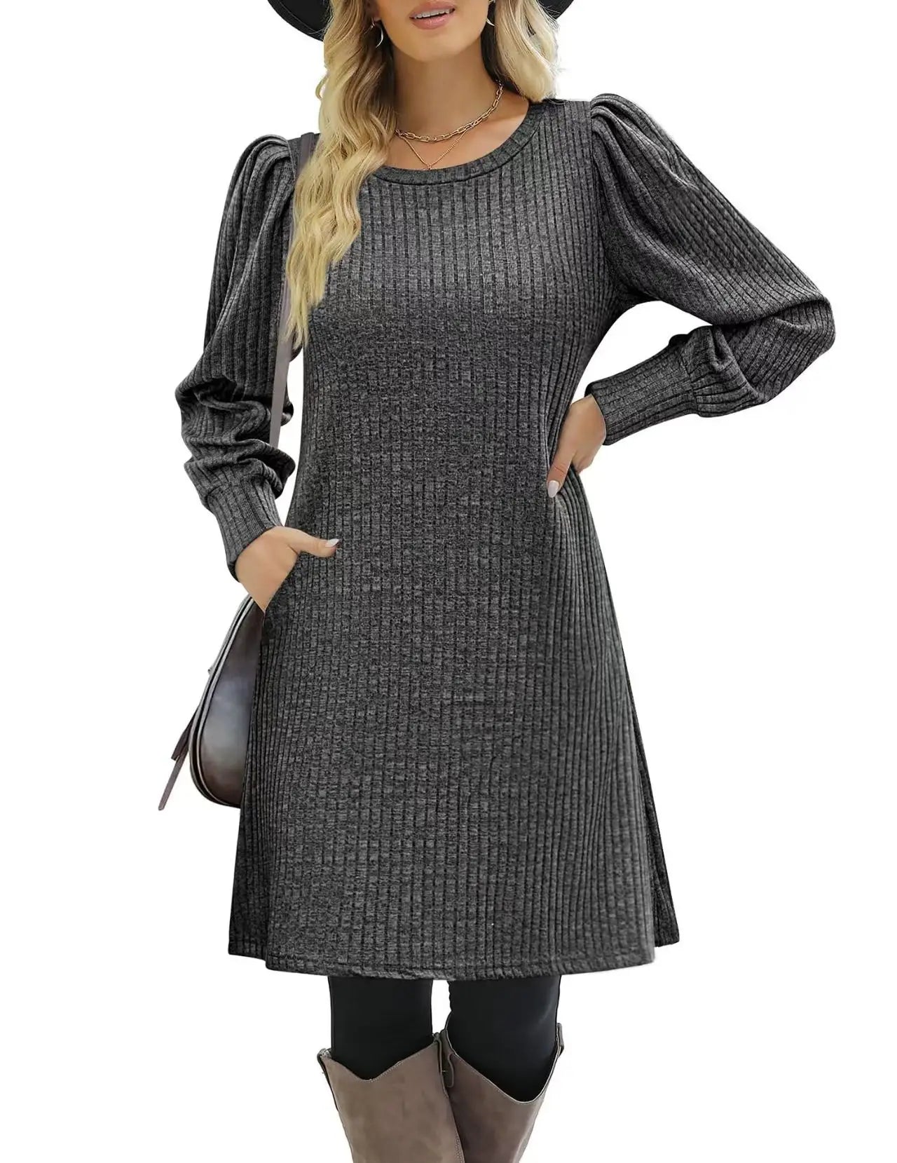 Fashionable women's knitted puffed-sleeve long-sleeved autumn and winter round-neck casual loose dress with pockets