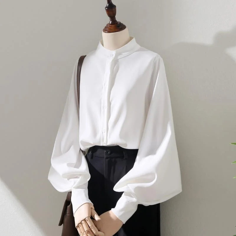 Woman Spring Autumn Style Blouses Shirt Lady Long Lantern Sleeve Stand Collar