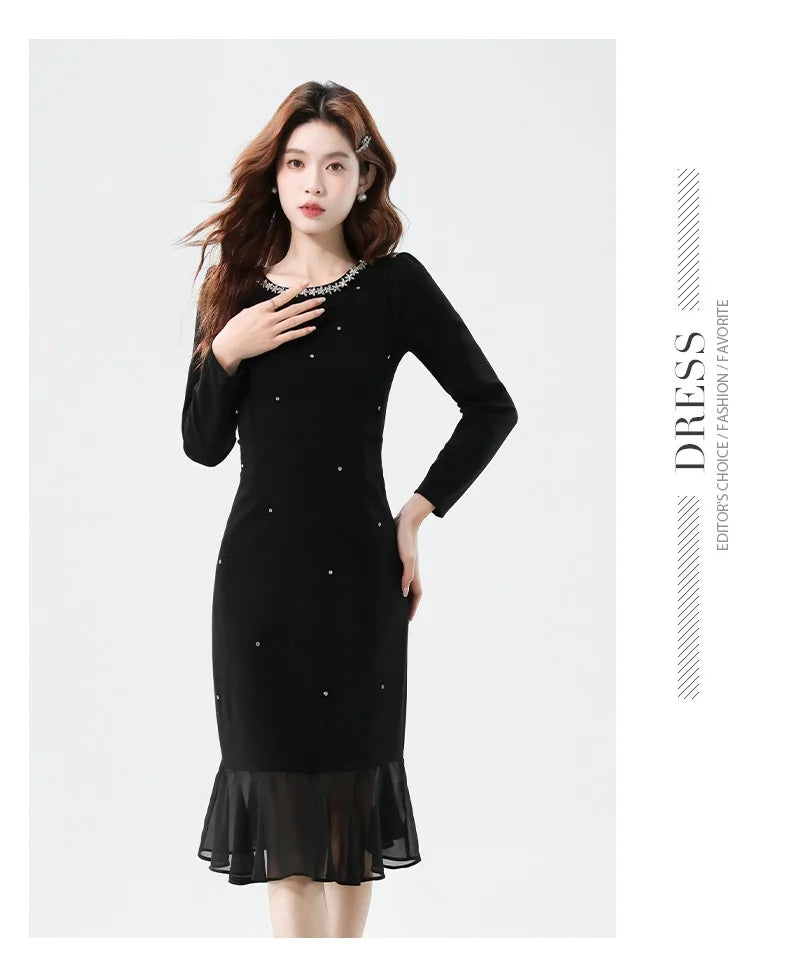 Fall Fashion Heavy Duty Rhinestone Splice Slimming Chiffon Mermaid Dress