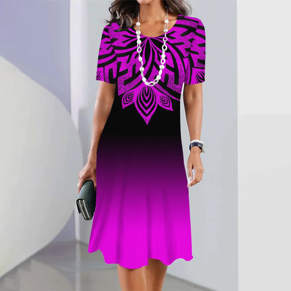 New Women's Dresses Striped Printed Elegant Casual O Neck Short Sleeve  Dresses Fashion Ladies Plus Size Clothing