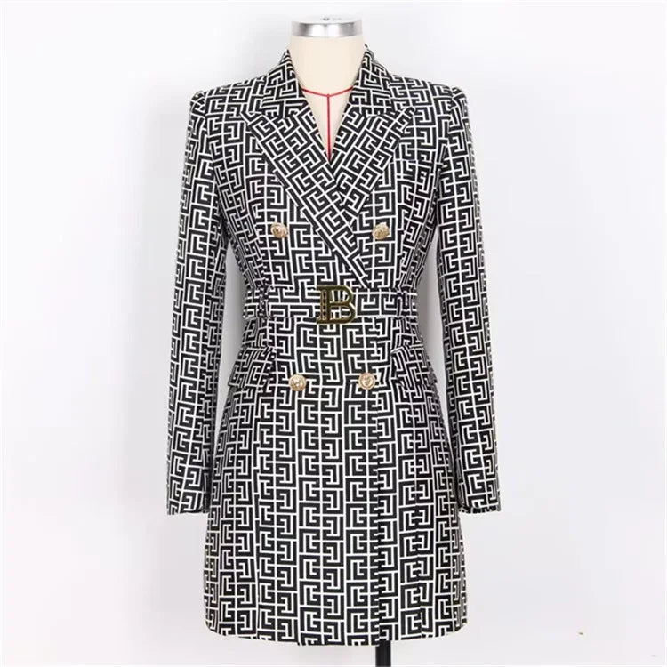 French Elegant Long Sleeve Suit Dress Waist-Cinching Short Size Professional Double-Buttoned Belted Coat