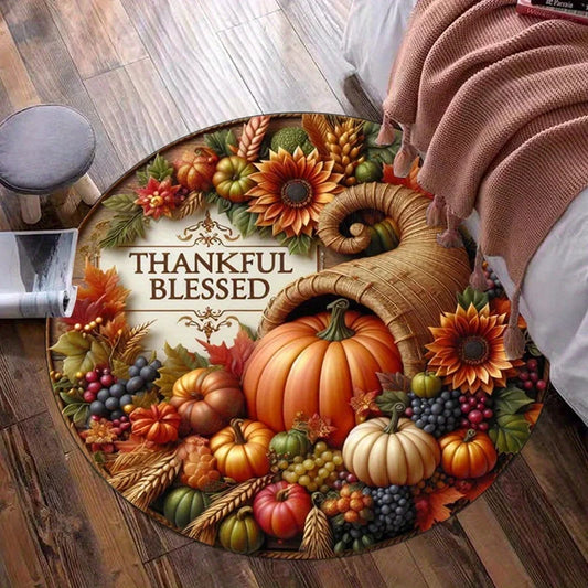 Thankful blessed cornucopia harvest pumpkin round rug crystal velvet autumn Thanksgiving decor home flooring