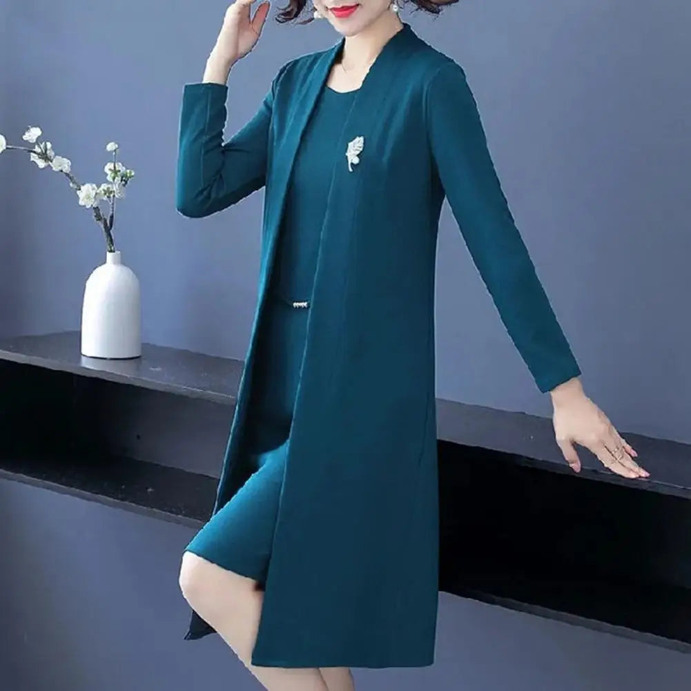 Women Dress Coat Suit Elegant Long Coat Dress Set Middle-age Women Formal Suit Set Long Cardigan O Neck Sleeveless Dress