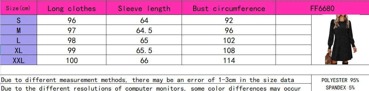 Fashionable women's knitted puffed-sleeve long-sleeved autumn and winter round-neck casual loose dress with pockets
