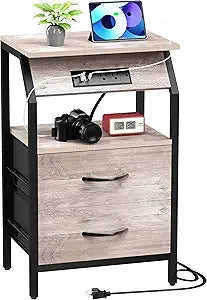 End Tables Set of 2, Nightstands with Charging Station and LED Lights, 3 Drawers Fabric Dressers, Storage Side Tables for Bedsid