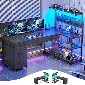 L Shaped Gaming Desk with 5 Drawers and Storage Shelves, Reversible Computer Desk with Bookshelf for Home Office