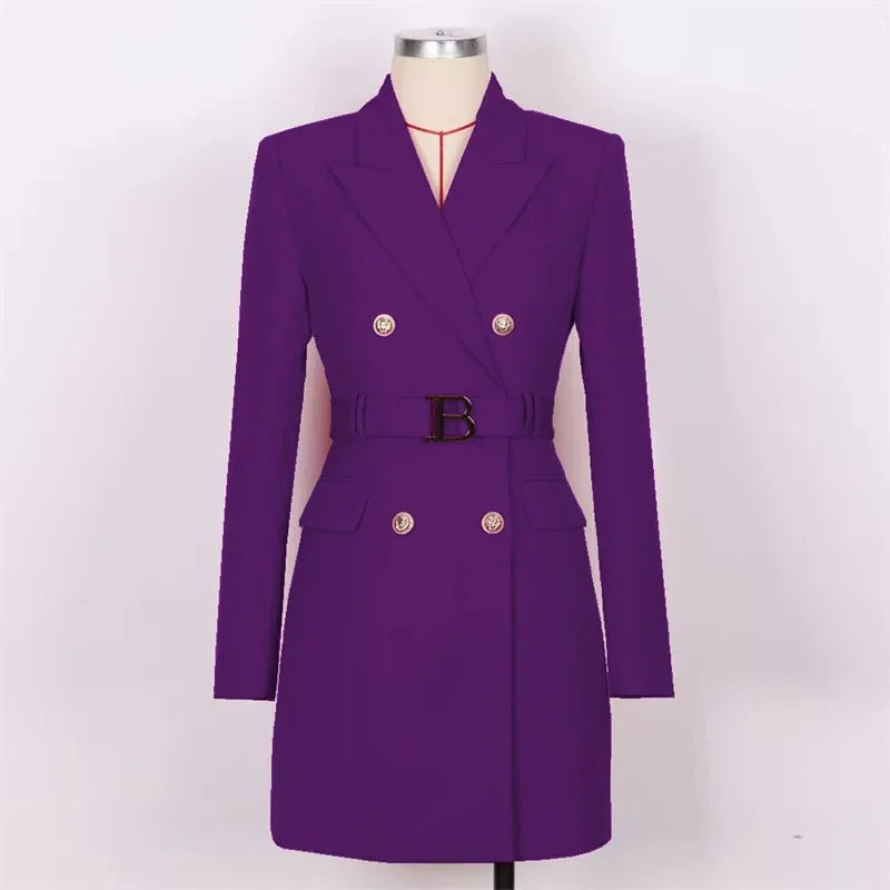 French Elegant Long Sleeve Suit Dress Waist-Cinching Short Size Professional Double-Buttoned Belted Coat